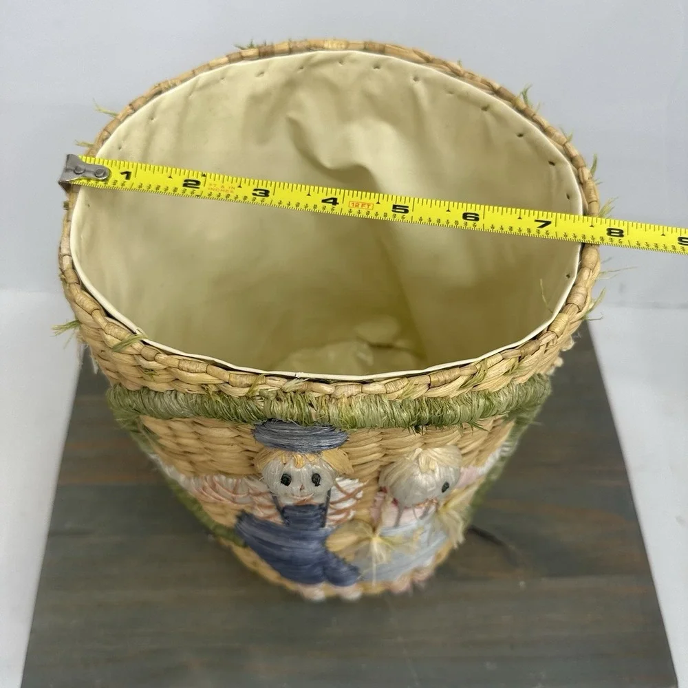 Vintage Woven Straw Raffia Lined Basket Embroidered Scarecrow Whimsical Fall